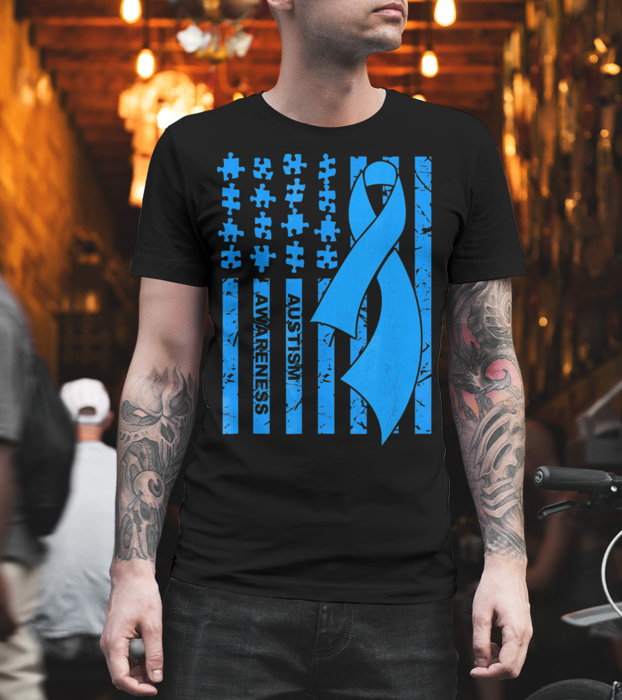 Autism Awareness Flag with Puzzle Pieces and Blue T-Shirt