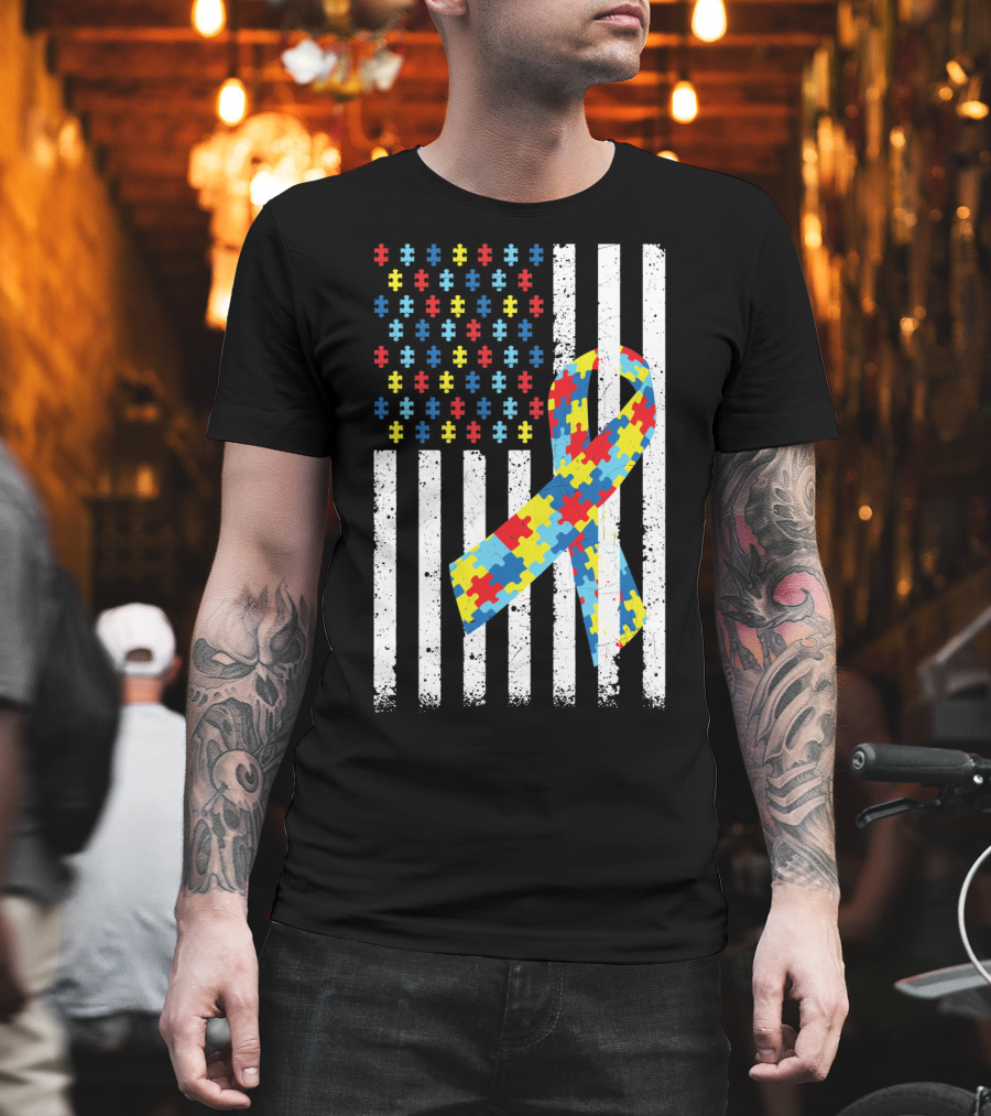 American Flag Puzzle Ribbon Autism Awareness T-Shirt