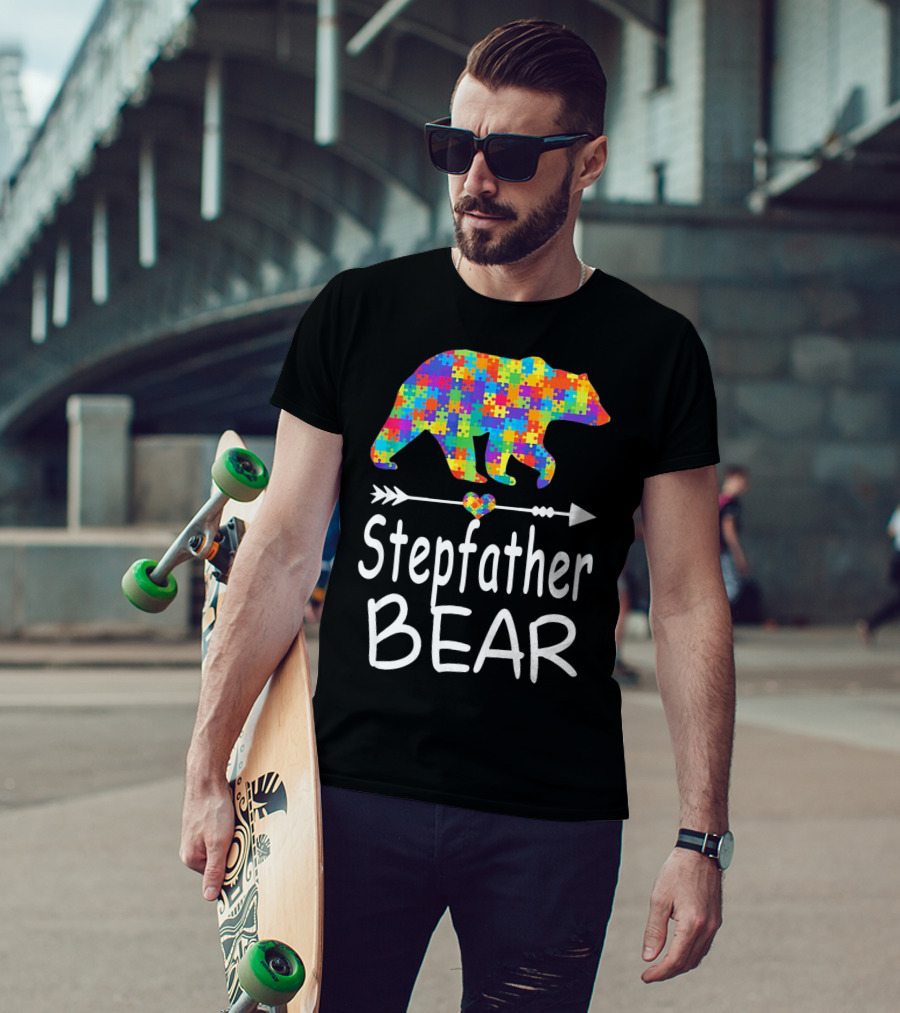 Stepfather Bear Puzzle Pattern Autism Awareness Family T-Shirt