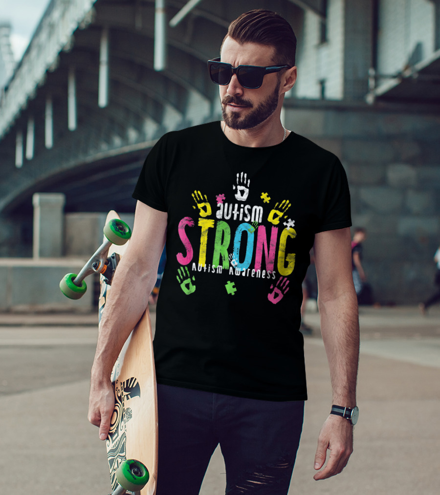 Autism Strong Autism Awareness Puzzle Piece Handprints T-Shirt