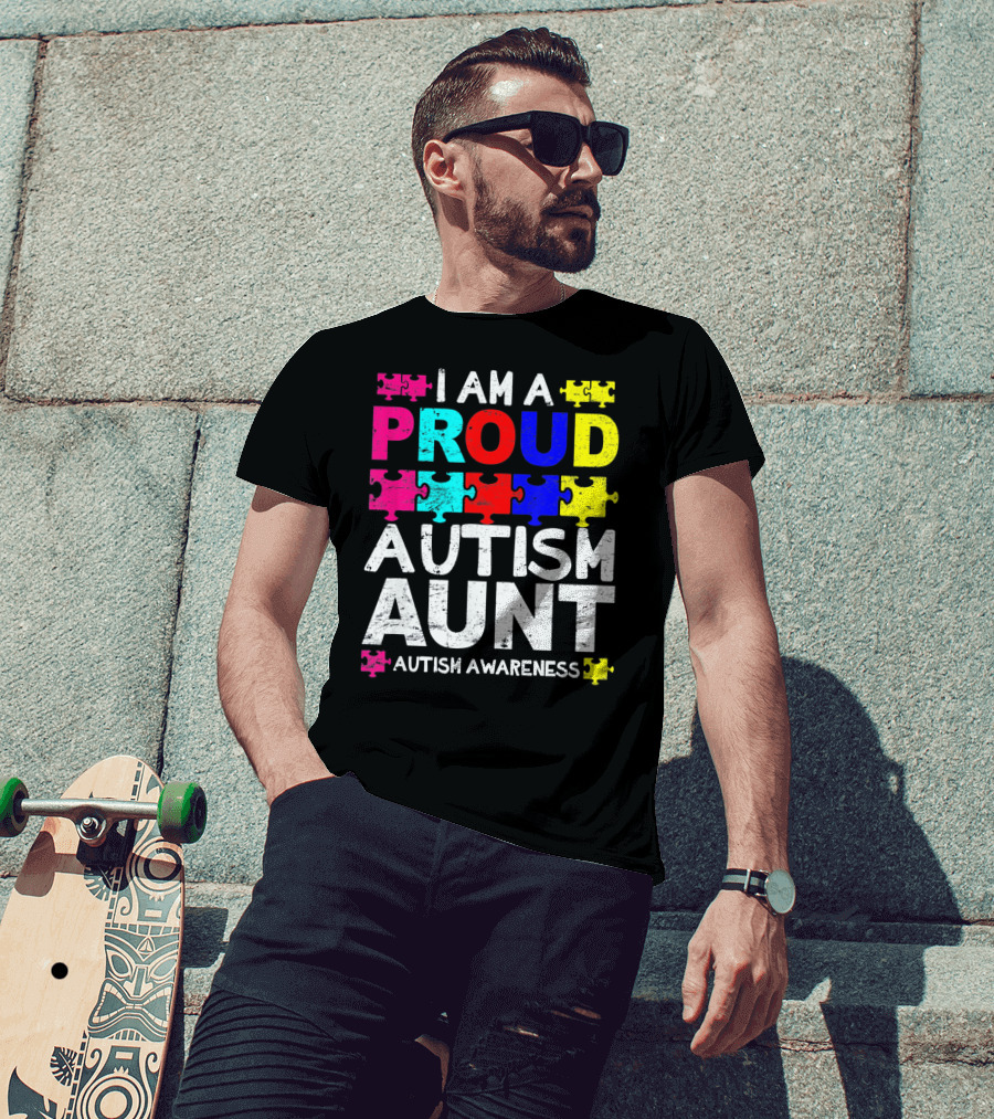 I Am A Proud Autism Aunt Autism Awareness Puzzle Pieces T-Shirt