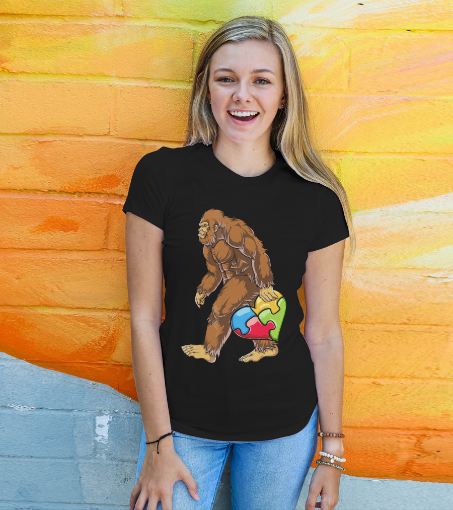 Bigfoot Holding Puzzle Piece Heart Autism Awareness T-Shirt