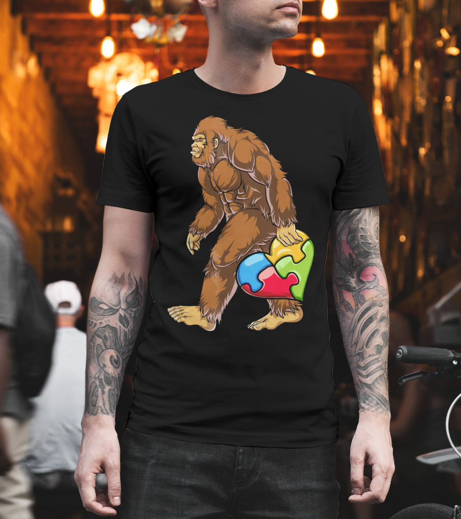 Bigfoot Holding Puzzle Piece Heart Autism Awareness T-Shirt