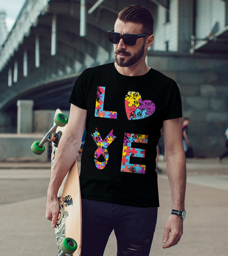 Autism Awareness Love Puzzle Heart Ribbon Design For Women Men Kids Rib T-Shirt