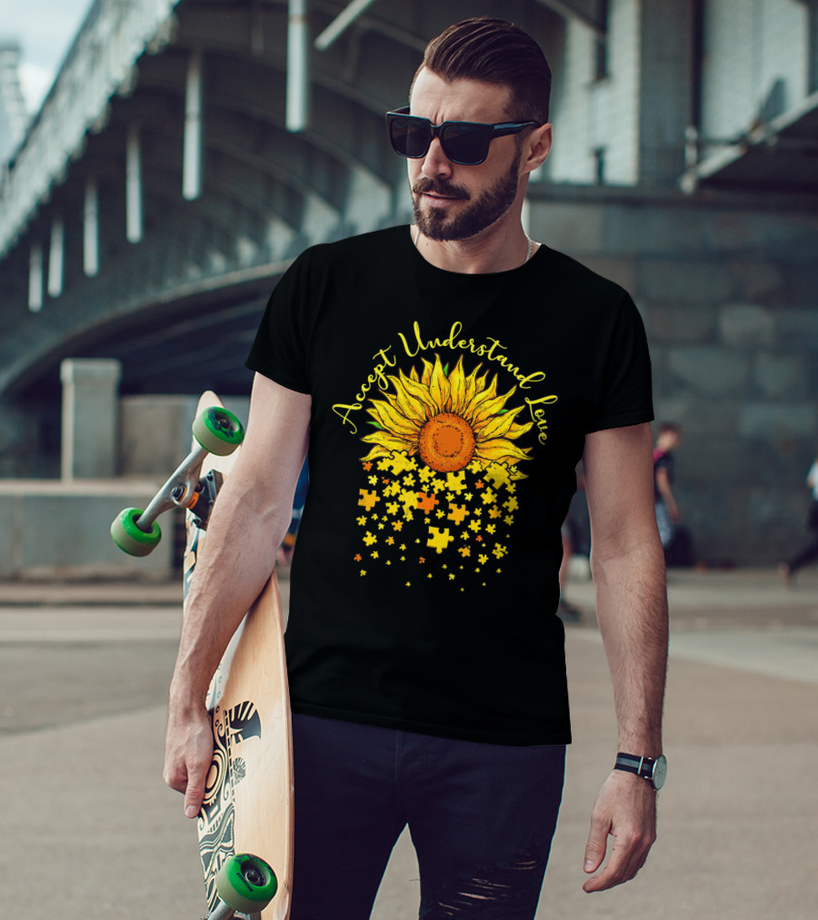 Accept Understand Love Sunflower Autism Awareness Puzzle Pieces T-Shirt