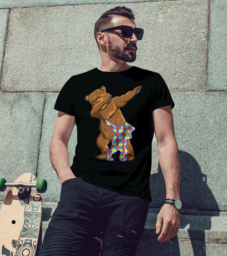 Dabbing Mama Bear With Autism Puzzle Pattern Cub T-Shirt