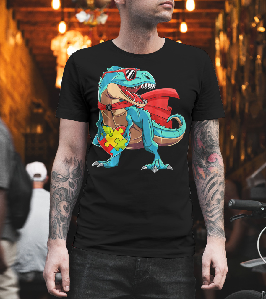 Autism Awareness Dinosaur Puzzle With Superhero Cape and Sunglasses T-Shirt