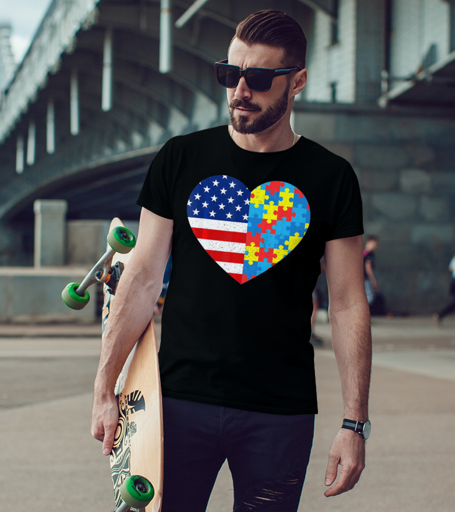American Flag Heart Autism Awareness Puzzle Piece T-Shirt