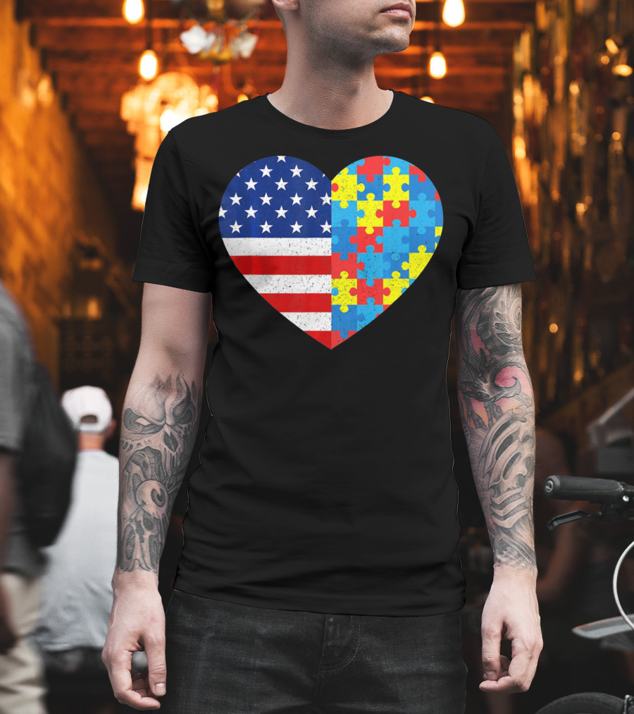American Flag Heart Autism Awareness Puzzle Piece T-Shirt