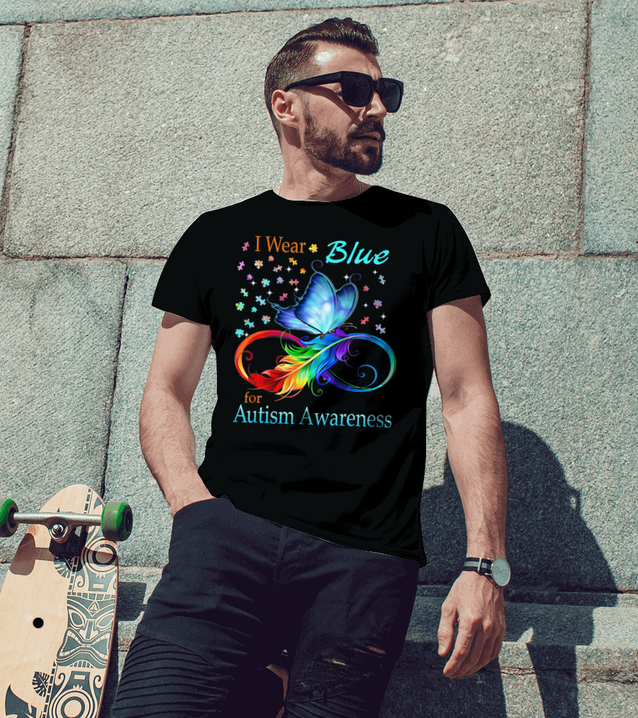 I Wear Blue For Autism Awareness Butterfly Ribbon Puzzle Pieces T-Shirt