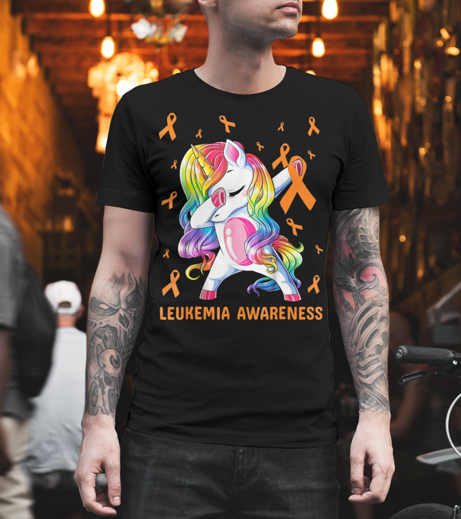 Rainbow Unicorn Dabbing Leukemia Awareness Orange T-Shirt