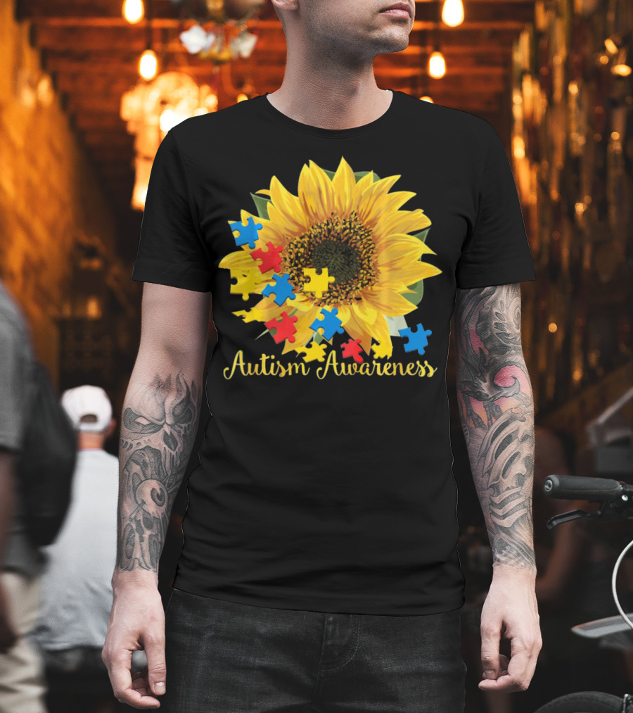 Autism Awareness Sunflower With Puzzle Pieces T-Shirt