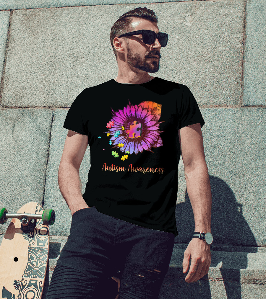Autism Awareness Puzzle Ribbon Sunflower Hippie T-Shirt