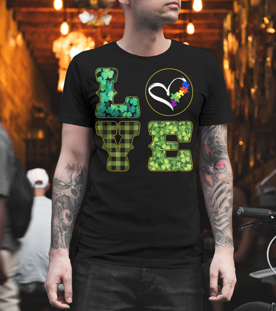LOVE Shamrocks Plaid Heart Puzzle Autism Awareness St. Patrick's Day T-Shirt