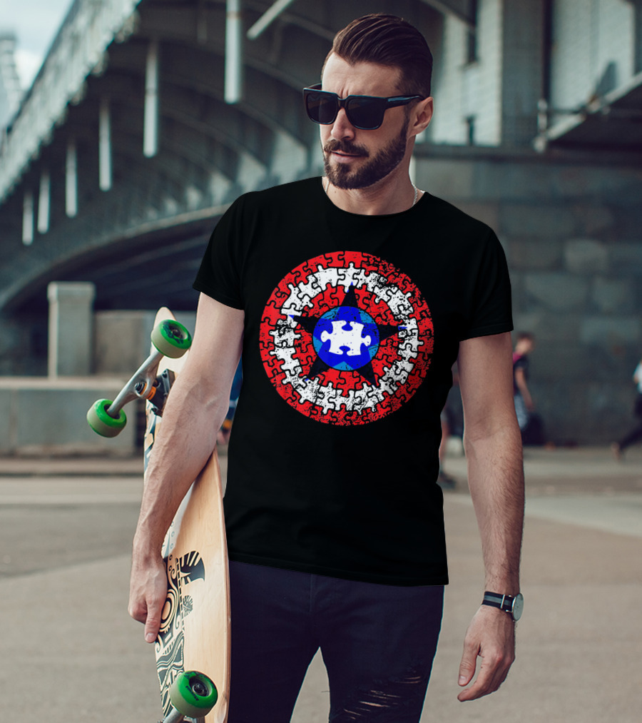 Captain Autism Superhero Shield Awareness Puzzle Star Emblem T-Shirt