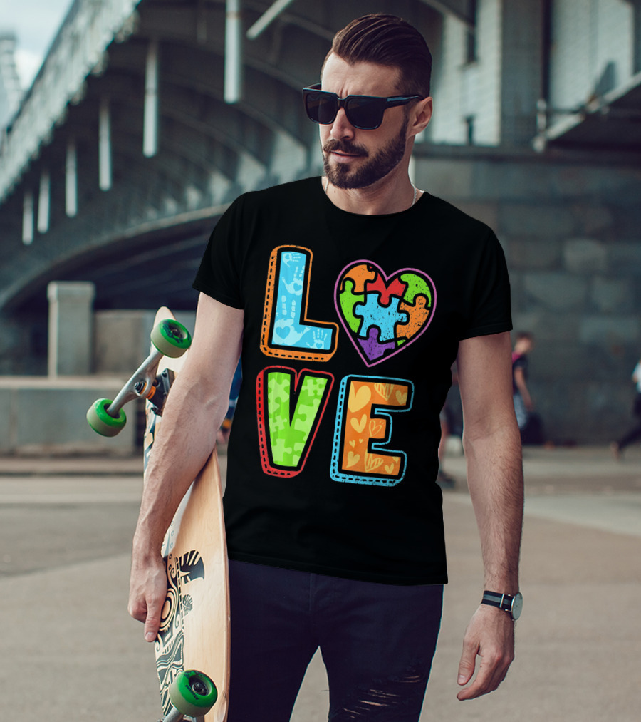 LOVE Heart Autism Awareness Puzzle Handprints T-Shirt