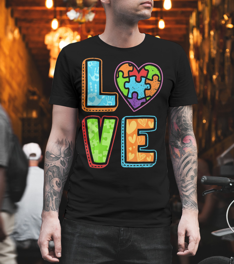 LOVE Heart Autism Awareness Puzzle Handprints T-Shirt