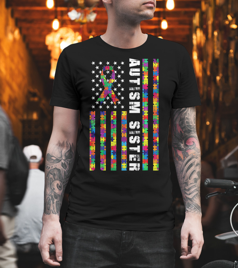 Autism Sister American Flag Puzzle Ribbon Autism Awareness T-Shirt