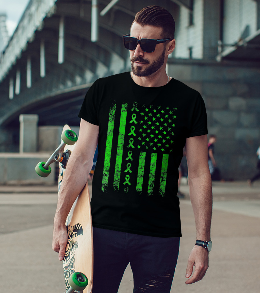 Green Ribbon US Flag Cerebral Palsy Awareness T-Shirt