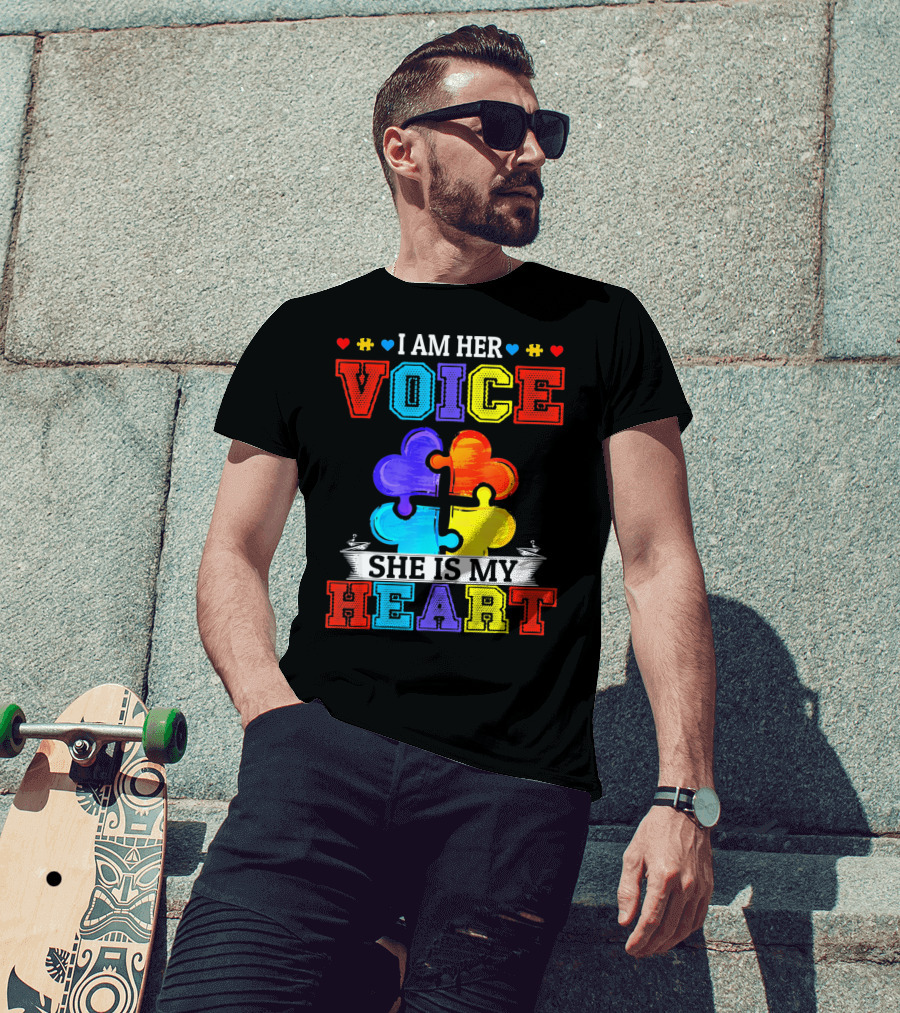 I Am Her Voice She Is My Heart Autism Puzzle Pieces T-Shirt