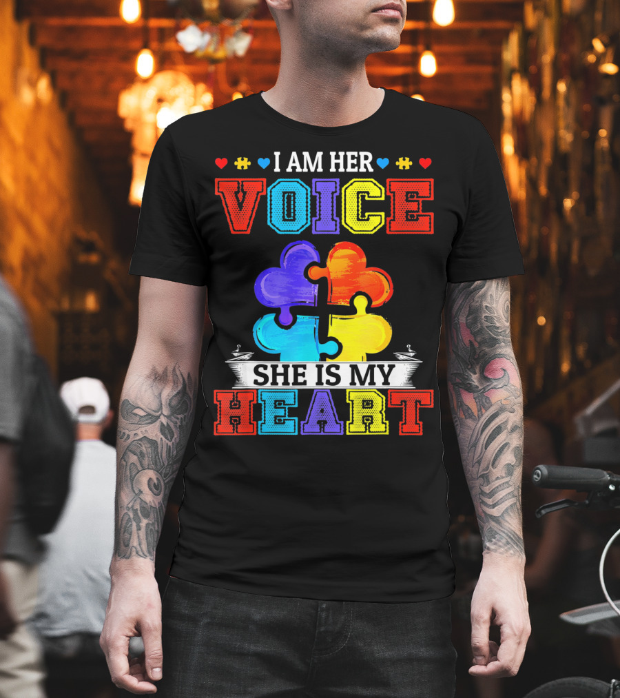 I Am Her Voice She Is My Heart Autism Puzzle Pieces T-Shirt