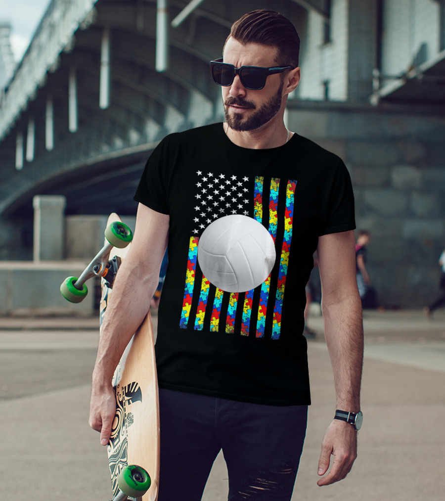 Autism Awareness Puzzle Flag Volleyball American Flag T-Shirt