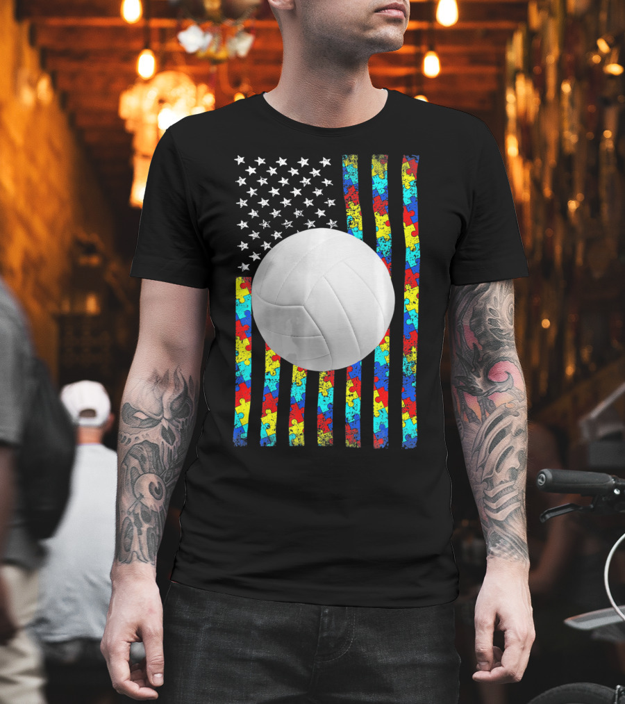 Autism Awareness Puzzle Flag Volleyball American Flag T-Shirt