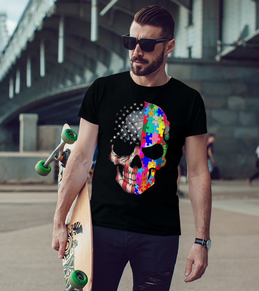 American Flag Autism Awareness Skull Puzzle Pieces Sku T-Shirt