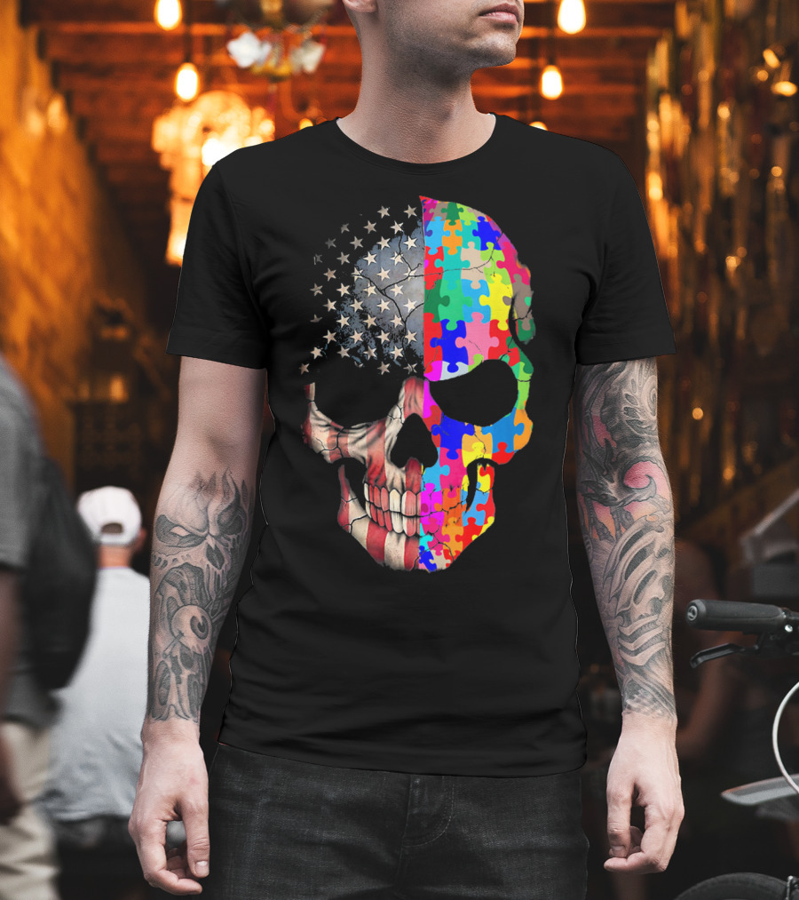 American Flag Autism Awareness Skull Puzzle Pieces Sku T-Shirt