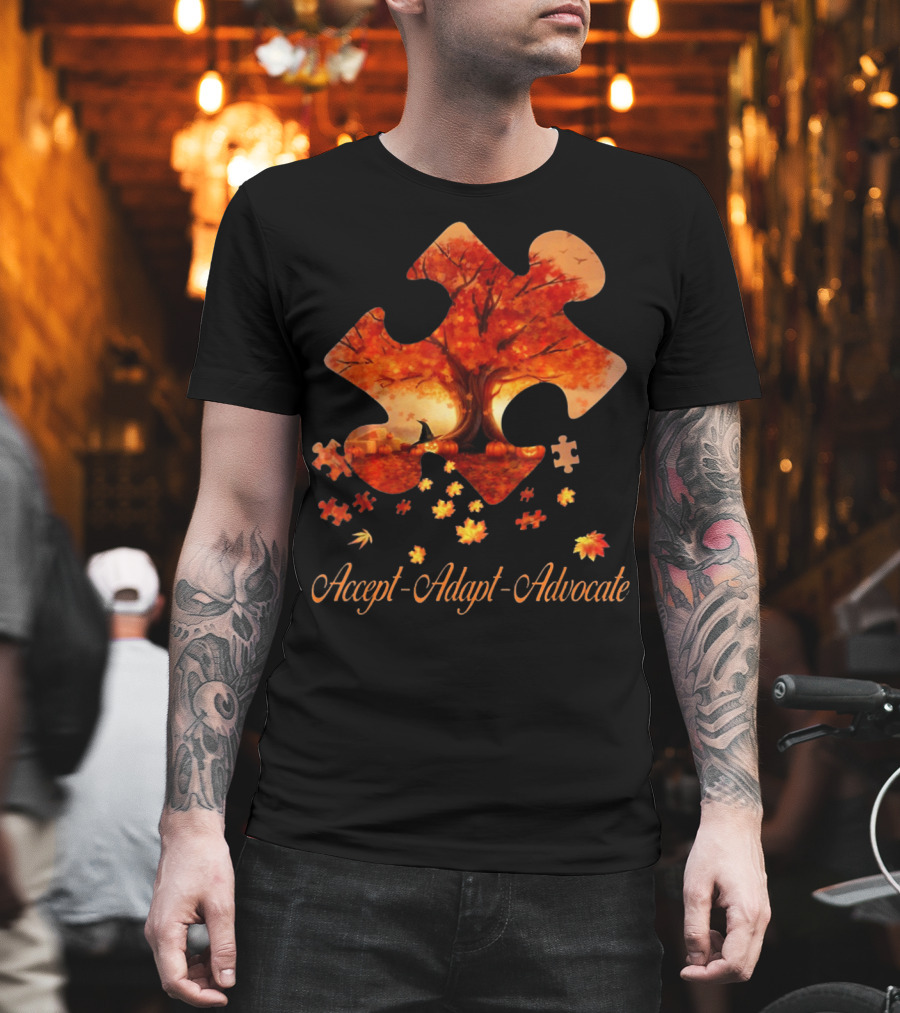 Accept Adapt Advocate Puzzle Autumn Leaves Autism Awareness T-Shirt