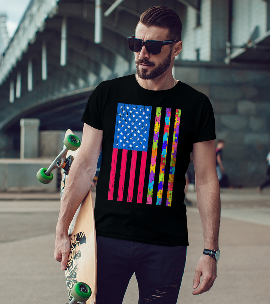 Autism Puzzle Piece American Flag USA T-Shirt