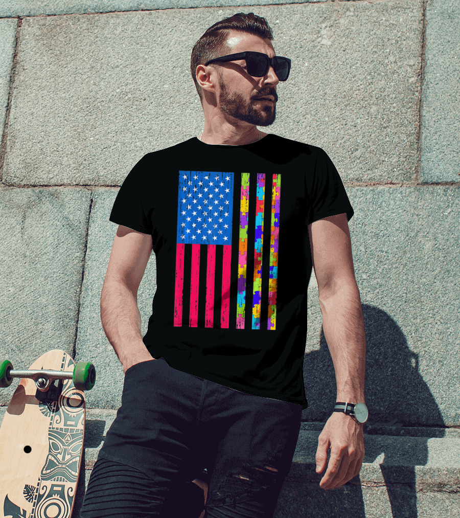 Autism Puzzle Piece American Flag USA T-Shirt
