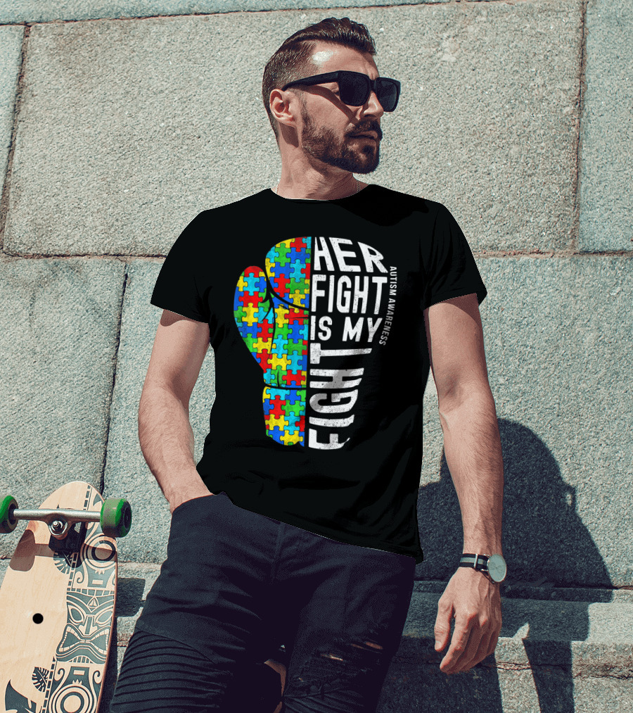 Autism Awareness Her Fight Is My Fight Boxing Glove Puzzle T-Shirt