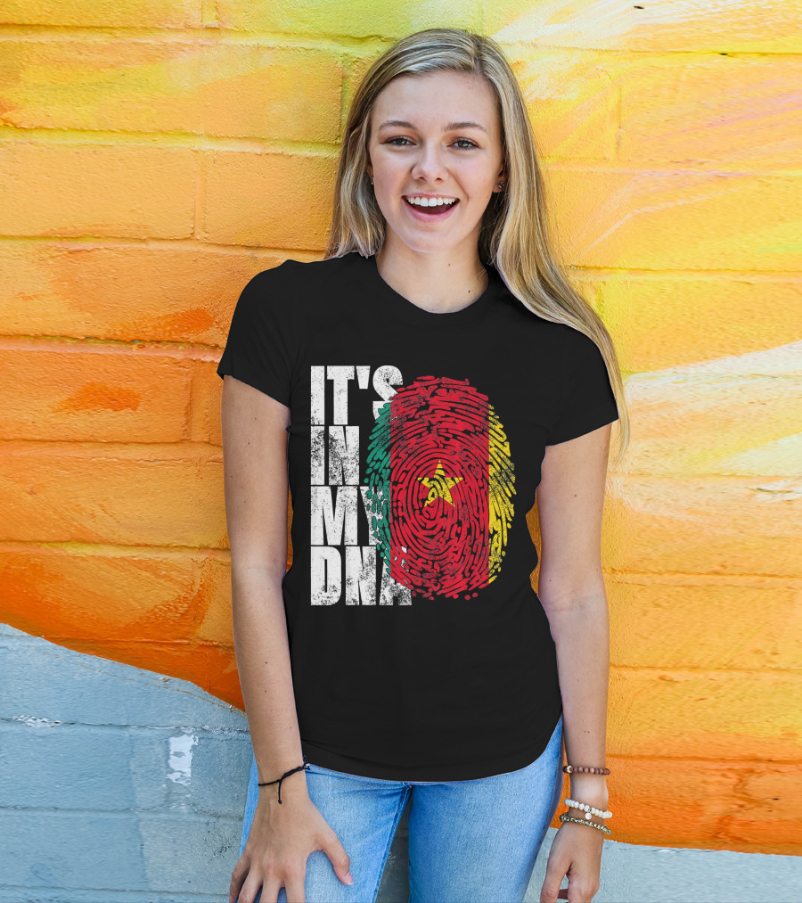 IT'S IN MY DNA Cameroonian Afro American Flag Fingerprint T-Shirt