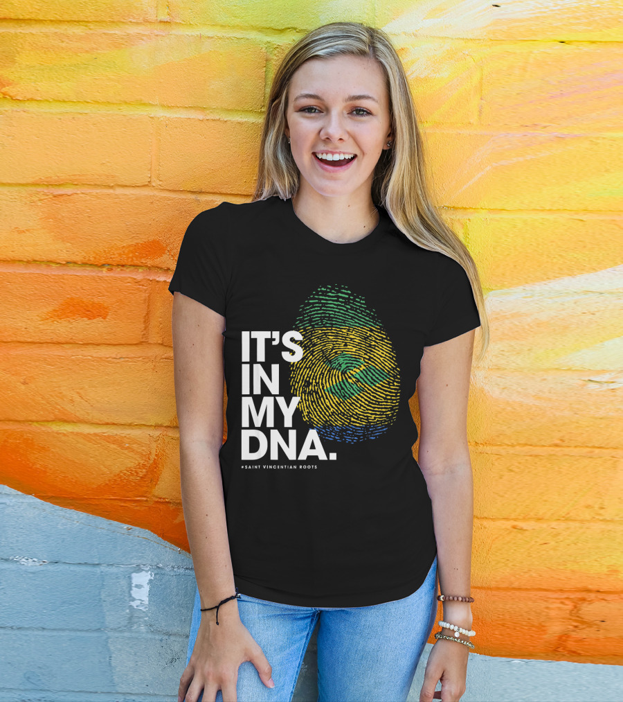 IT'S IN MY DNA Saint Vincentian Roots Fingerprint Flag Colors T-Shirt