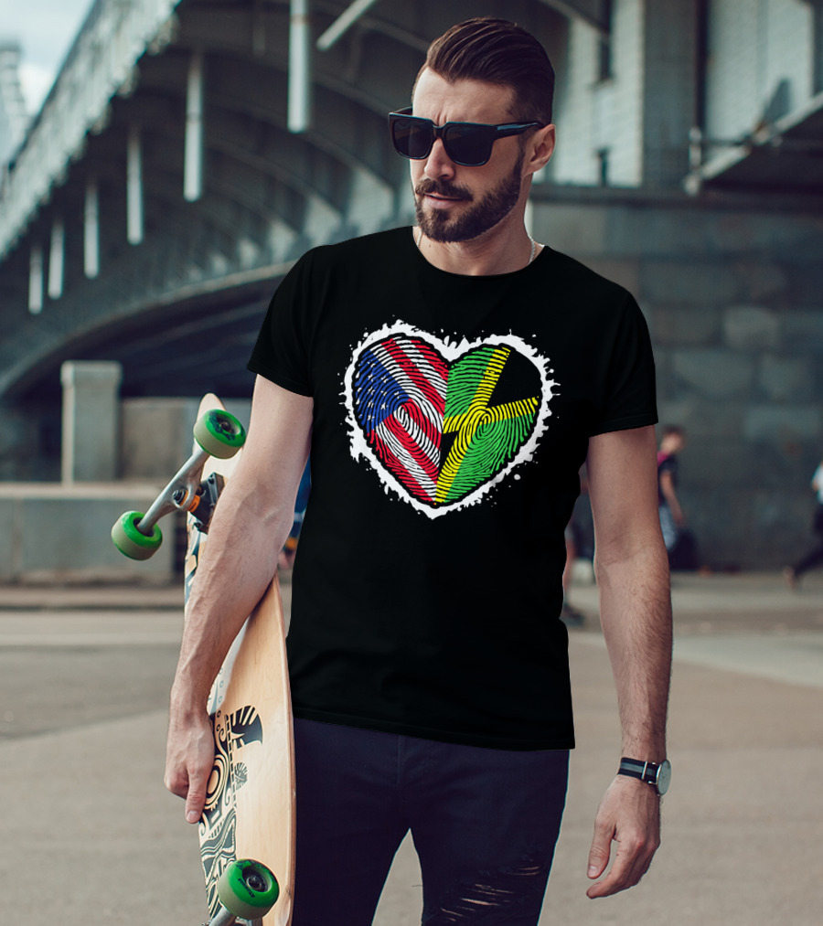 Fingerprint DNA Heart Love Jamaica USA Flag T-Shirt