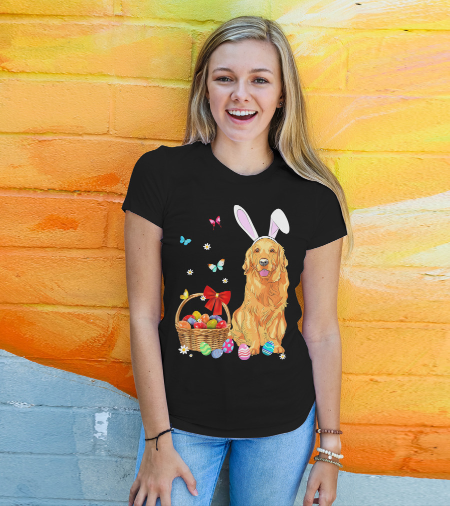 Golden Retriever Bunny Ears Easter Eggs Basket Butterflies T-Shirt