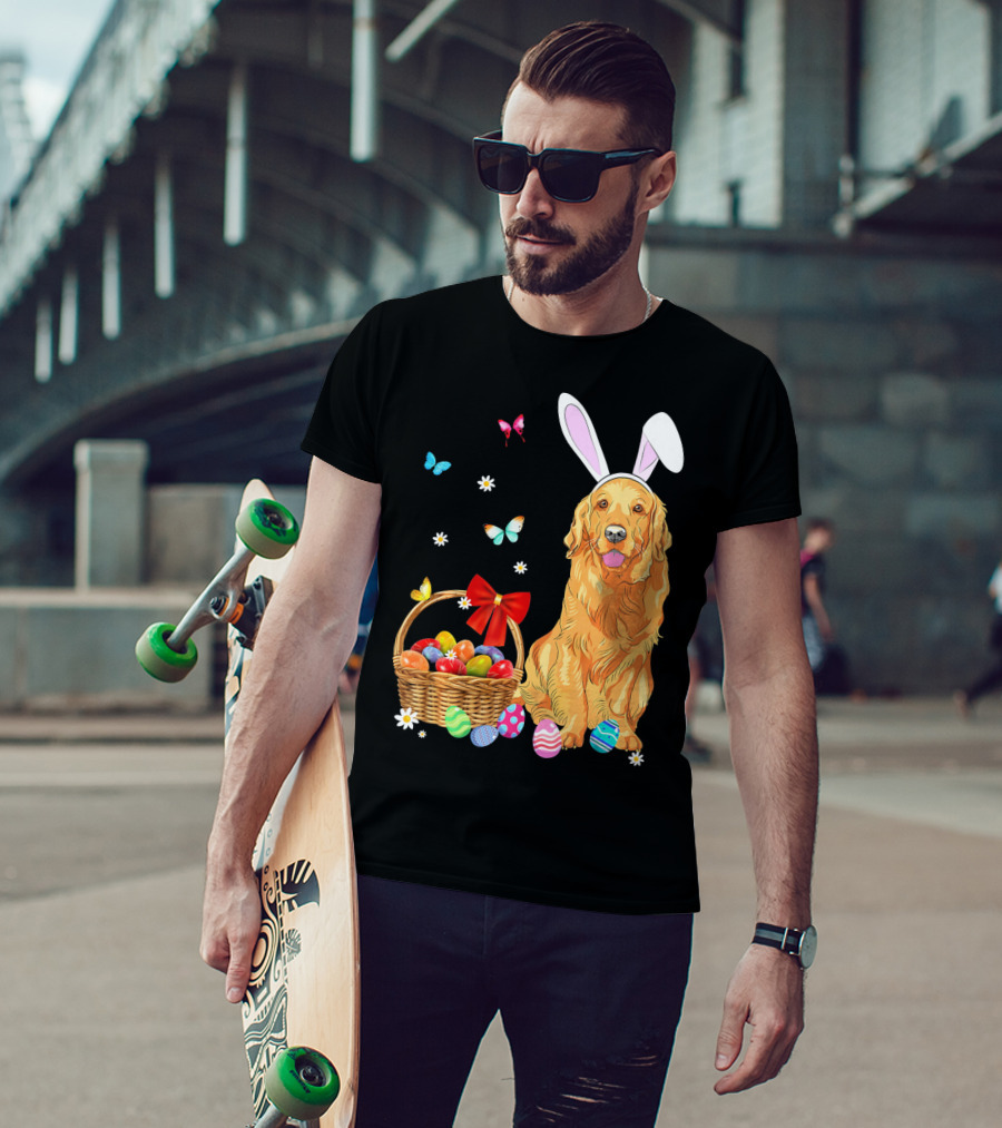 Golden Retriever Bunny Ears Easter Eggs Basket Butterflies T-Shirt