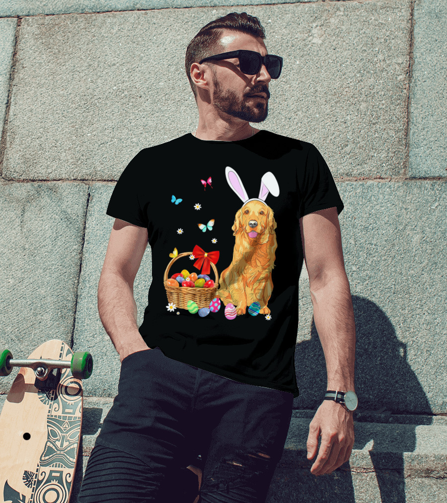 Golden Retriever Bunny Ears Easter Eggs Basket Butterflies T-Shirt