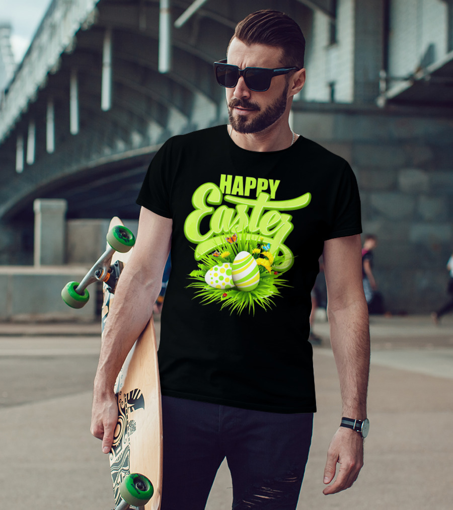 Happy Easter Eggs Green Spring Flowers Butterflies T-Shirt