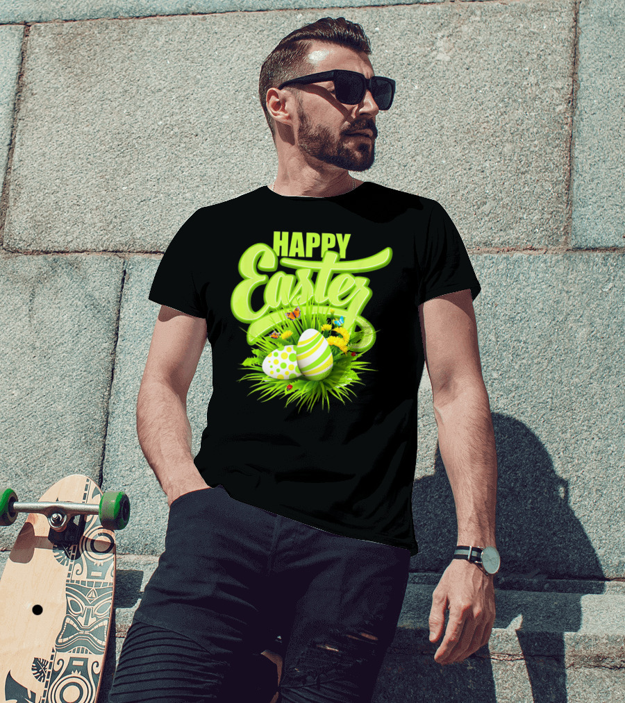Happy Easter Eggs Green Spring Flowers Butterflies T-Shirt