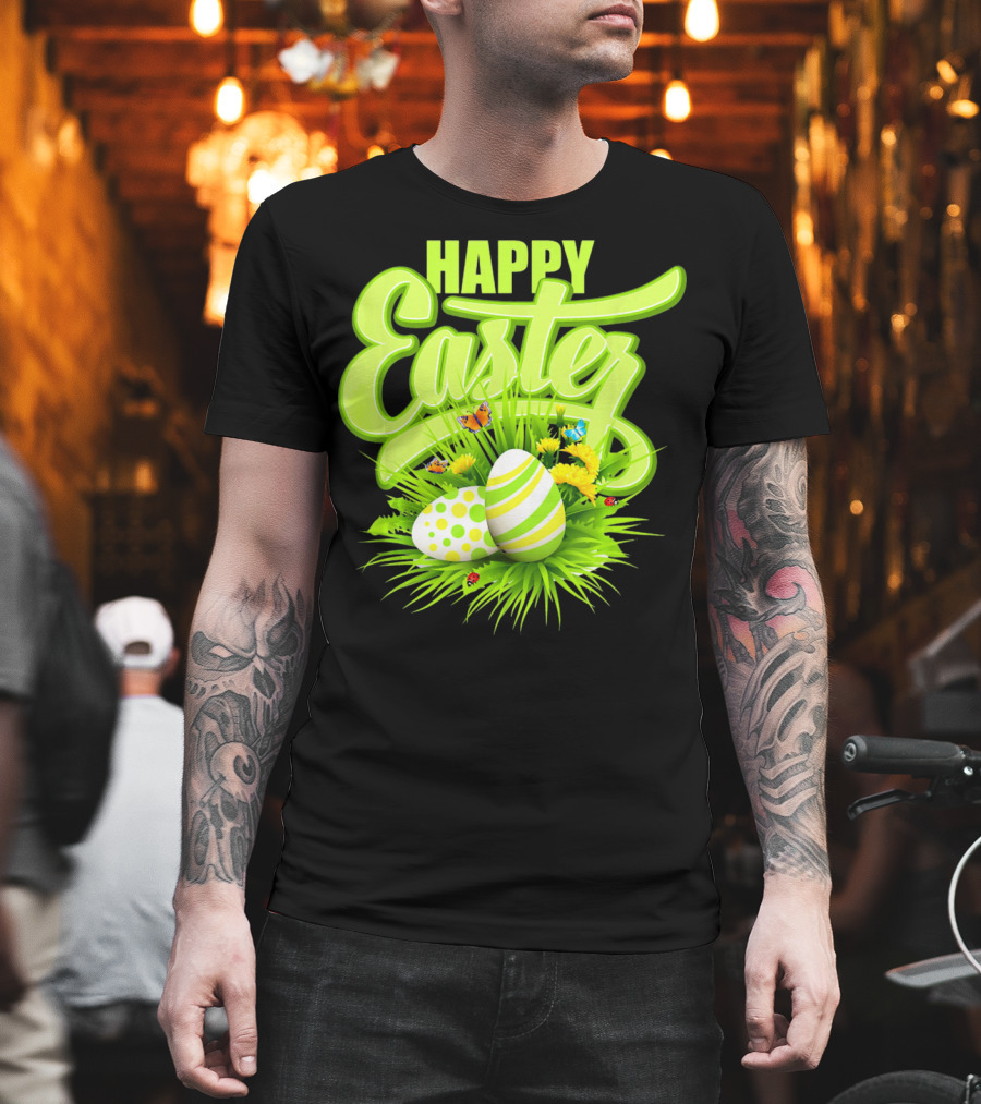 Happy Easter Eggs Green Spring Flowers Butterflies T-Shirt