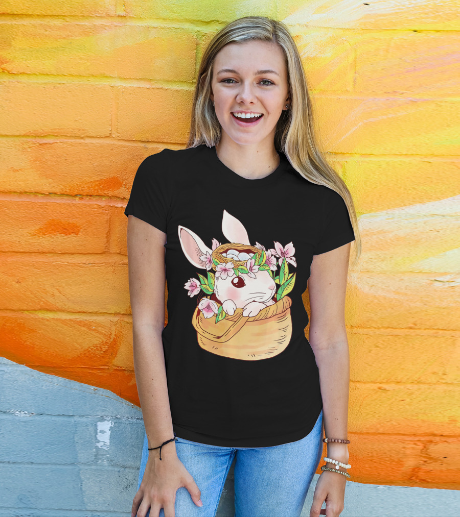 Cute Easter Bunny Girl Floral Basket T-Shirt