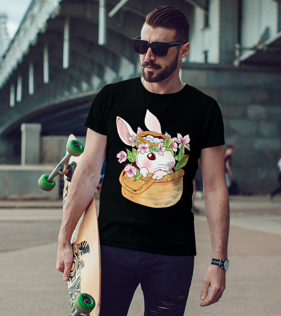Cute Easter Bunny Girl Floral Basket T-Shirt