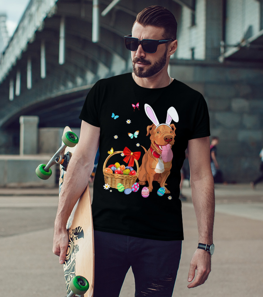 Pitbull With Bunny Ears And Easter Eggs Basket With Butterflies And Flowers T-Shirt