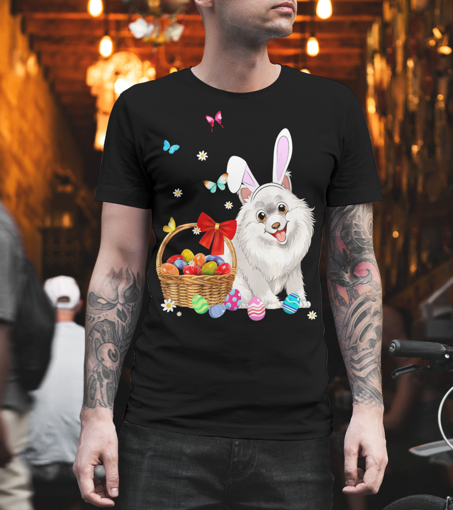 Samoyed Bunny Ear Rabbit Easter Eggs Basket Butterflies T-Shirt