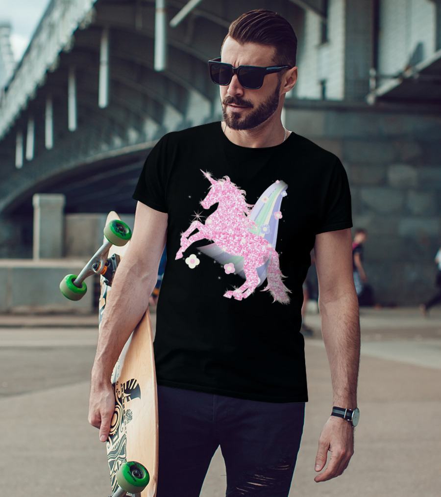 Pink Sparkle Unicorn With Easter Flowers And Rainbow Mane T-Shirt
