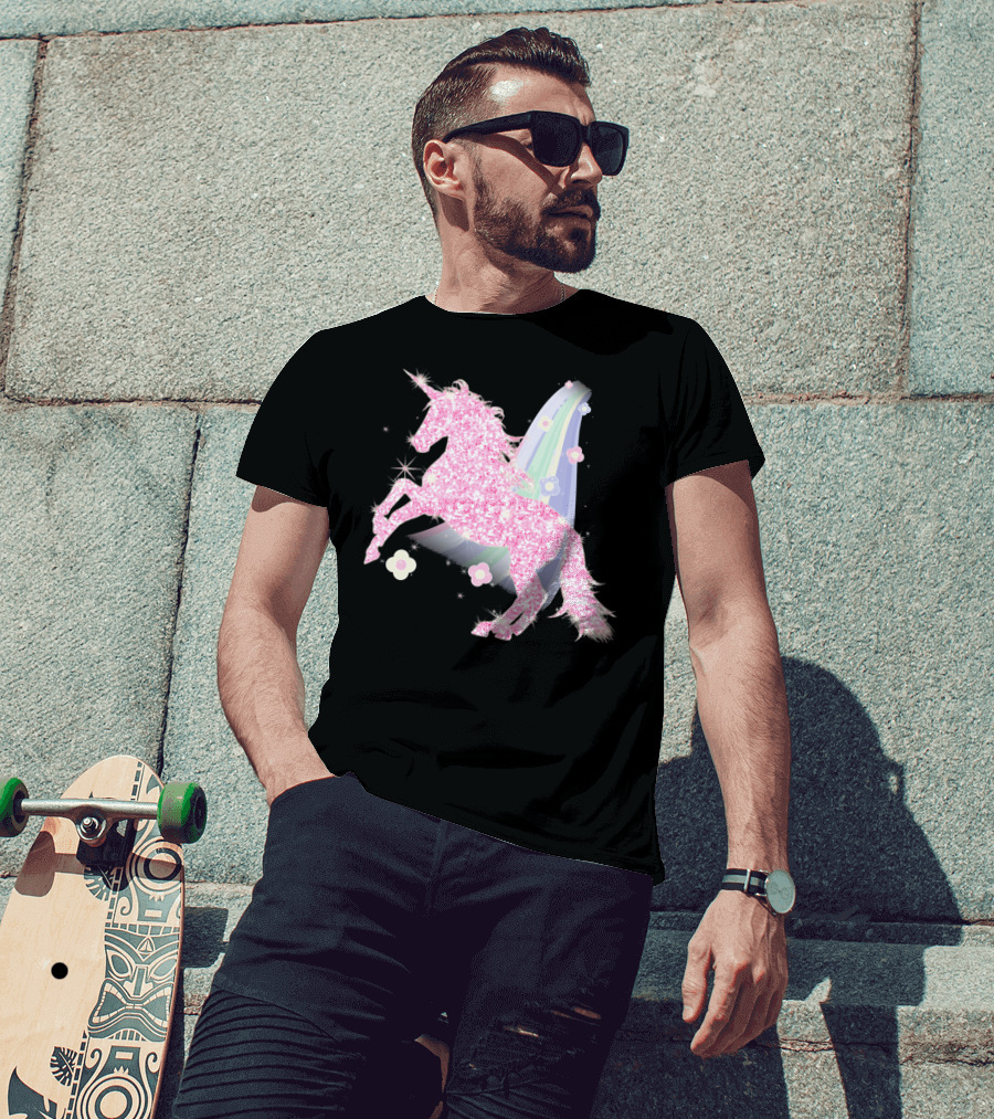 Pink Sparkle Unicorn With Easter Flowers And Rainbow Mane T-Shirt