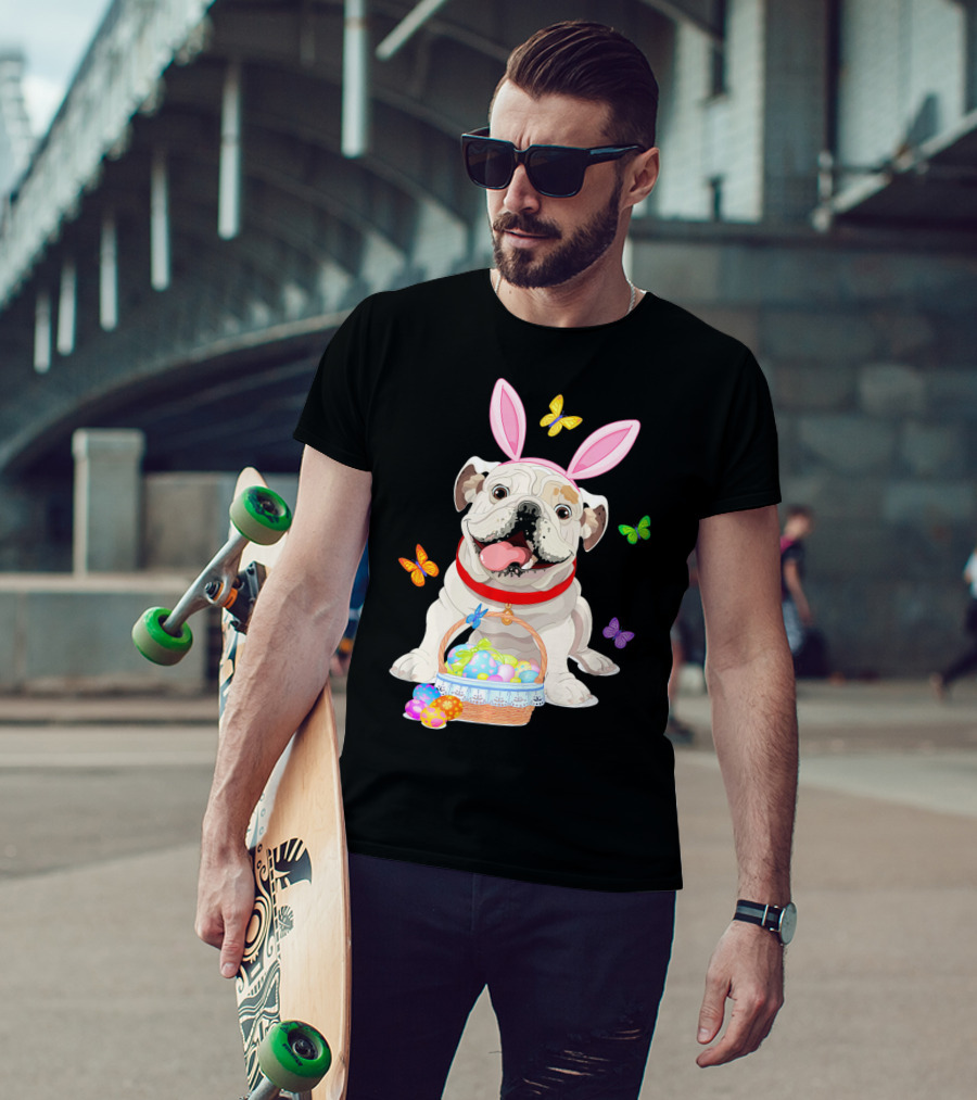English Bulldog With Bunny Ears And Easter Egg Basket With Butterflies T-Shirt