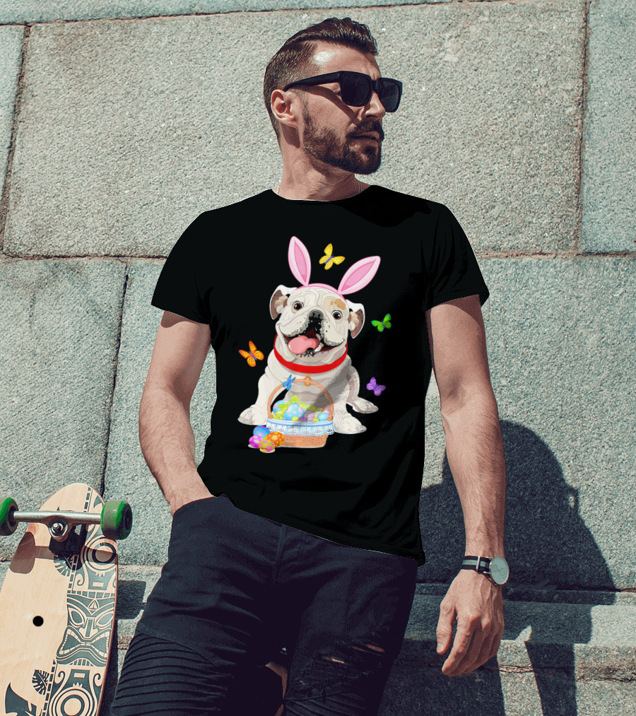 English Bulldog With Bunny Ears And Easter Egg Basket With Butterflies T-Shirt